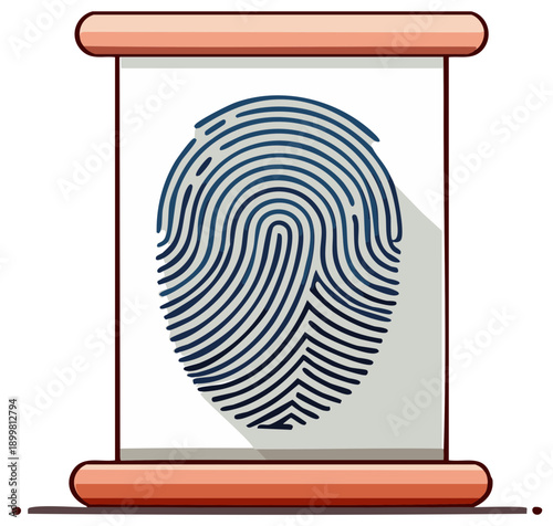 Fingerprint graphic inside a vintage frame with a shadow, personal identification and user authentication system design element