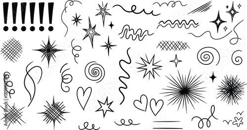 Hand drawn doodle collection featuring black and white line art of stars hearts swirls exclamation marks and abstract decorative design elements