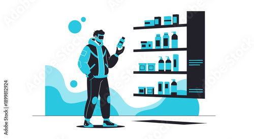 Man carefully examines product label while browsing assortment on retail shelves