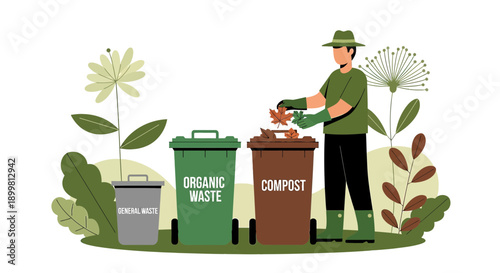 Man composting foliage with organic waste and general waste containers illustration
