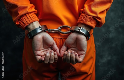 Person in orange jumpsuit with hands cuffed behind back. Imprisoned individual facing legal consequences. Justice system, crime and punishment, confinement.