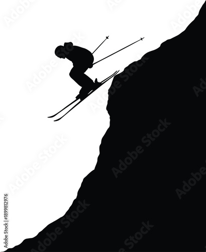 Extreme skier silhouette jumping off high cliff into deep alpine slope illustration