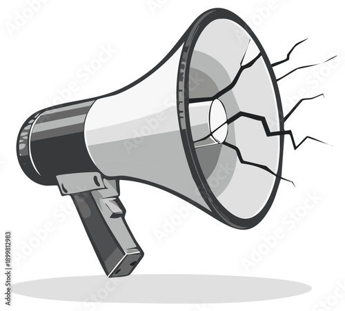 Cracked megaphone emitting sound waves, symbolizing broken communication or loud noise