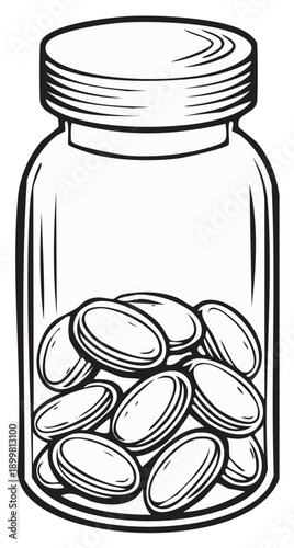 Drawing of Medicine Jar Filled with Pills and Capsules for Health or Treatment