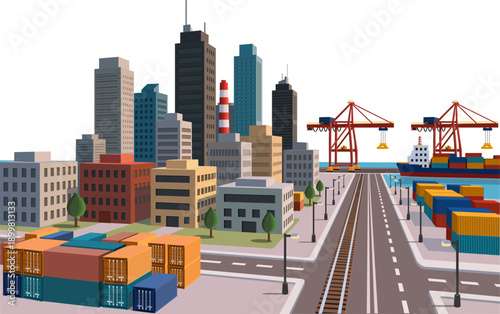 Modern industrial city at a seaport with containers, cranes, rail, and ships, representing global trade, logistics networks, supply chains, and urban economic growth.