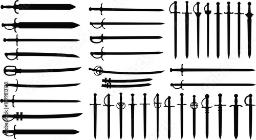 Collection of medieval sword silhouettes featuring daggers, sabers, and long blades, black isolated vector weapons for history, fantasy, combat, and design projects