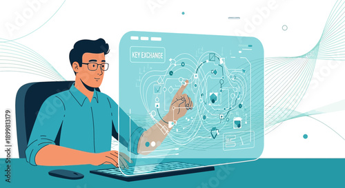 Man interacting with a complex graphical interface showcasing key exchange processes