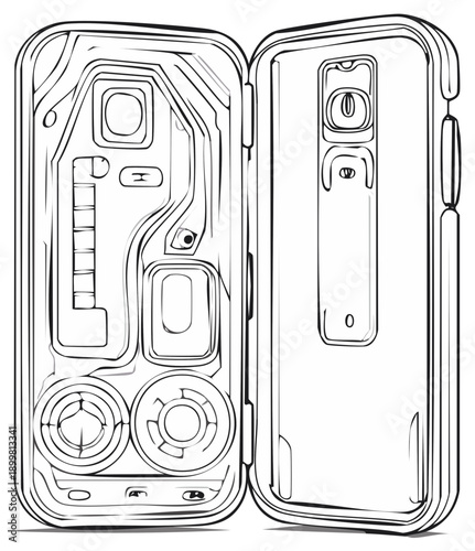 Smartphone disassembled detailed technical blueprint illustration