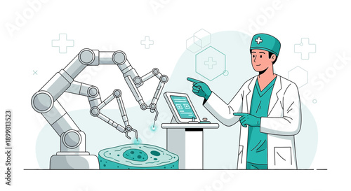 Medical robot performing operation with doctor analyzing, futuristic medical procedure with