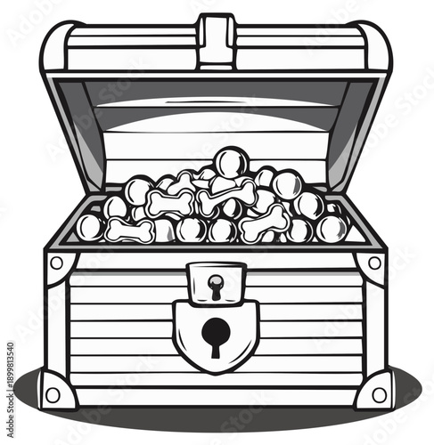 Open treasure chest overflowing with bones and shiny objects, illustration