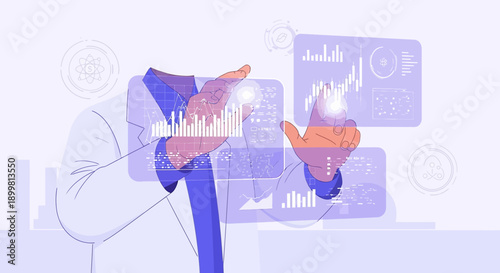 Medical professional interacting with advanced digital healthcare dashboards for data analysis and