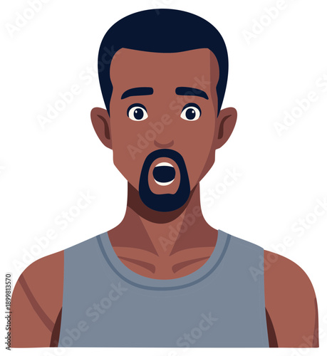 Surprised dark skinned man open mouth expression, wearing casual tank top, isolated illustration
