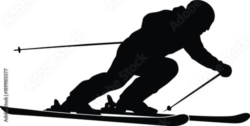 Downhill skier silhouette carving on snow with ski poles illustration