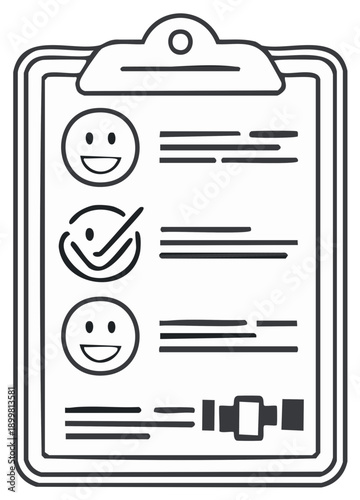 Clipboard with smiley faces and checked item illustration, concept for positive feedback, reviews, and satisfaction