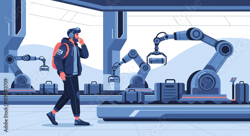 Modern airport scene showcasing automated luggage handling with traveler in futuristic setting