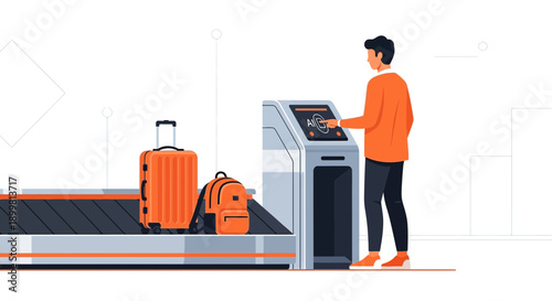 Modern Airport Scene: Man Using Self-Service Kiosk Near Luggage Conveyor Belt Illustration