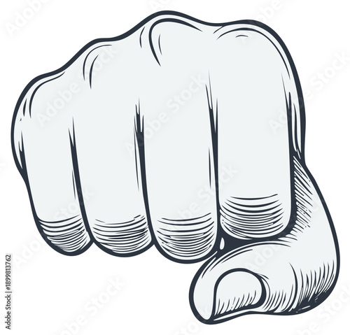Stylized Hand with Fist Pointing Forward, Illustration in Engraving Style, Focus on Gesture