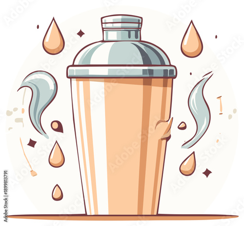 Cocktail shaker illustration with liquids and vapor elements