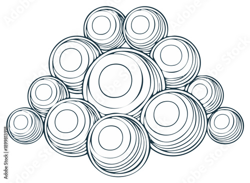 Group of circles in black and white, spherical objects arranged in an overlapping manner with internal lines