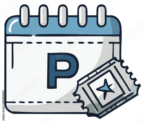 Calendar with the letter P and movie ticket representing premier events and release dates for film and entertainment