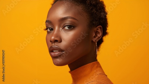 Woman With Short Hair Poses Against a Bright Yellow Background in Studio Sett...