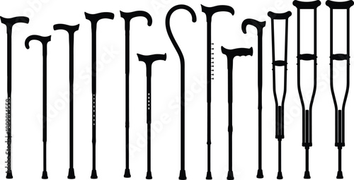 Collection of walking aid silhouettes including canes, crutches, and mobility supports, black isolated vector medical equipment for healthcare, rehabilitation, and accessibility design projects