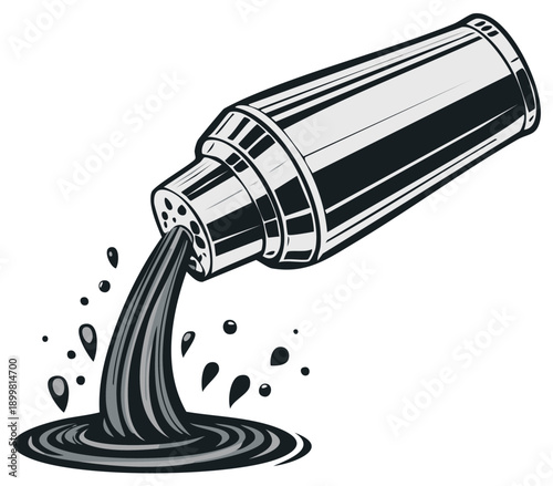 Shaker Pouring Dark Liquid Beverage, Cocktail, Drinks, with Splashes, Illustration