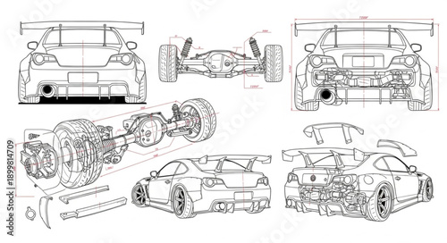 Detailed Technical Drawing of a Sports Car Blueprint.