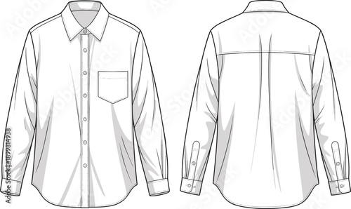 Button-up shirt fashion sketch with chest pocket, collar, pleated back yoke, curved hem, CAD front and back garment template