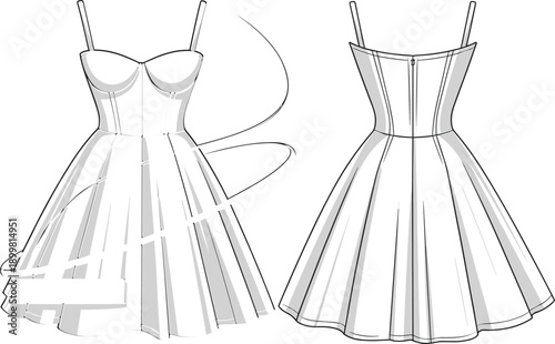 Cad drawing flat vector illustration of sleeveless dress template, fitted bodice, flared skirt, front and back view, fashion design