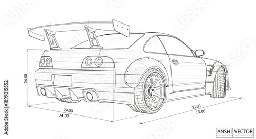 Detailed Technical Drawing of a Sport Car with Dimensions.