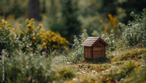Small Wooden House in a Garden Surrounded by Green Plants and Yellow Flowers ...