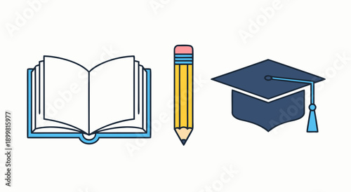 Education Icons: Book, Pencil, Graduation Cap