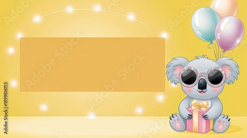 Wallpaper Mural Cute cartoon koala holding gift and balloons on yellow background Torontodigital.ca