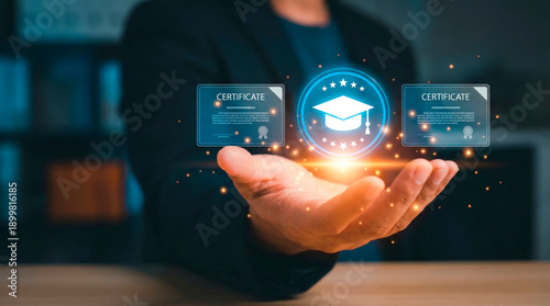 Man holding a digital certificate with graduation cap icon, representing online learning achievement. E-learning, remote education, and professional certification system concept.