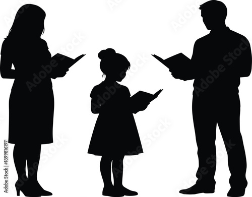 Black silhouette of a family with a mother father and young daughter standing and reading books together isolated on white background for education concept