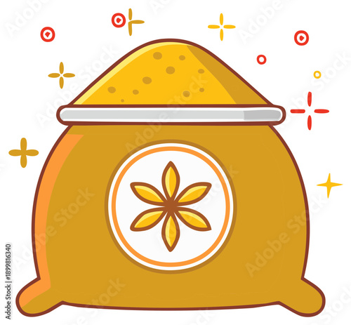 Iconic yellow bag filled with grain sack with emblem and a lot of golden specks