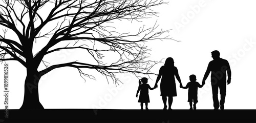 Black silhouette of a happy family with father mother son and daughter walking together holding hands under a large leafless tree on white background