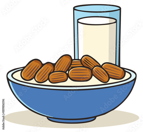 Hand drawn illustration of a blue bowl full of almonds next to a glass of almond milk.