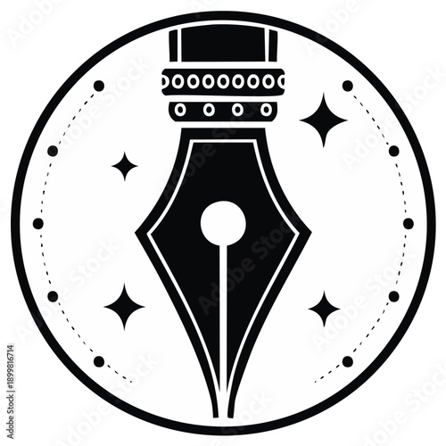 Ink pen nib design inside circular border with star details