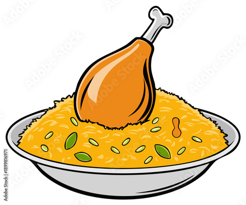 Hearty Chicken Leg Drumstick Topped on Yellow Rice Pilaf with Green Peas and Spices