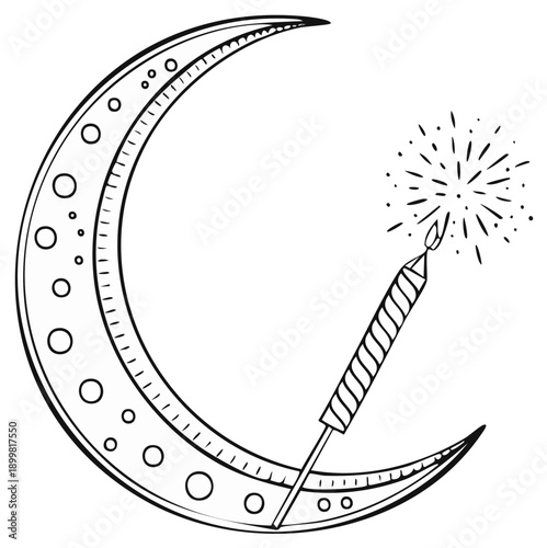 Crescent moon illustration with a lit candle for festive or spiritual concept