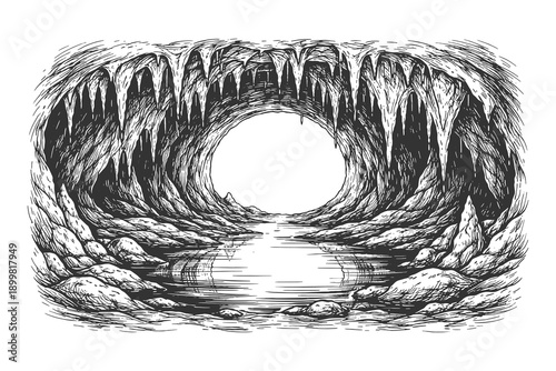 Mysterious Underground Cave with Stalactites and Water Pool in Vintage Woodcut Engraving Style Vector Illustration Featuring a Dark Cavern Interior.