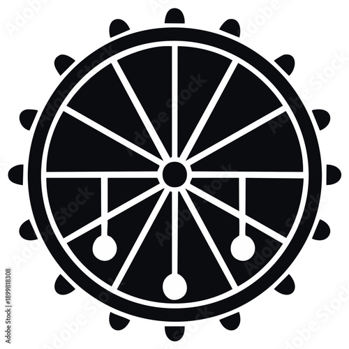 Black and White Stylized Wheel Icon with Dangling Ornaments Abstract Spiritual Symbol