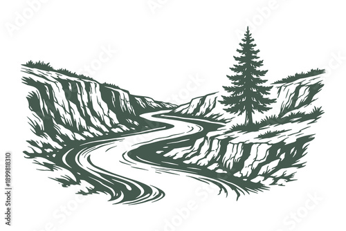 Winding River Flowing Through Rocky Cliffs and Pine Trees in Vintage Woodcut Engraving Style Vector Illustration Featuring a Dramatic Valley Landscape.