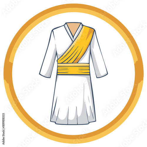 Traditional white robe with yellow sash and belt inside a golden circle illustration