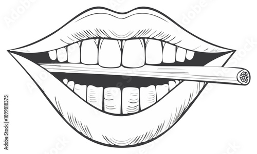 Graphic style outline drawing of mouth with parted lips holding a cigarette