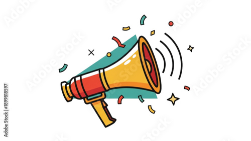 Vibrant megaphone illustration announcing event with colorful confetti and motion lines from a dynamic side view