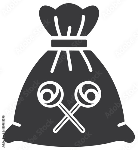 Solid glyph icon of a party favor bag with sweet candy lollipops