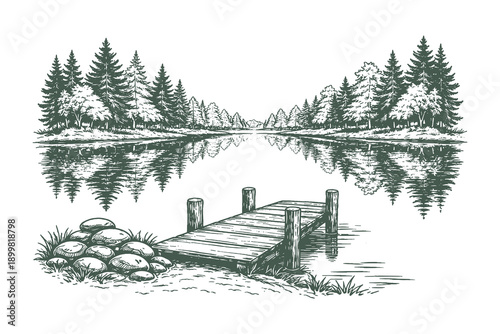 Vintage Hand Drawn Engraving Style Vector Illustration of a Serene Lake Scenery with Wooden Pier Dock and Reflection of Pine Forest Trees on Water.